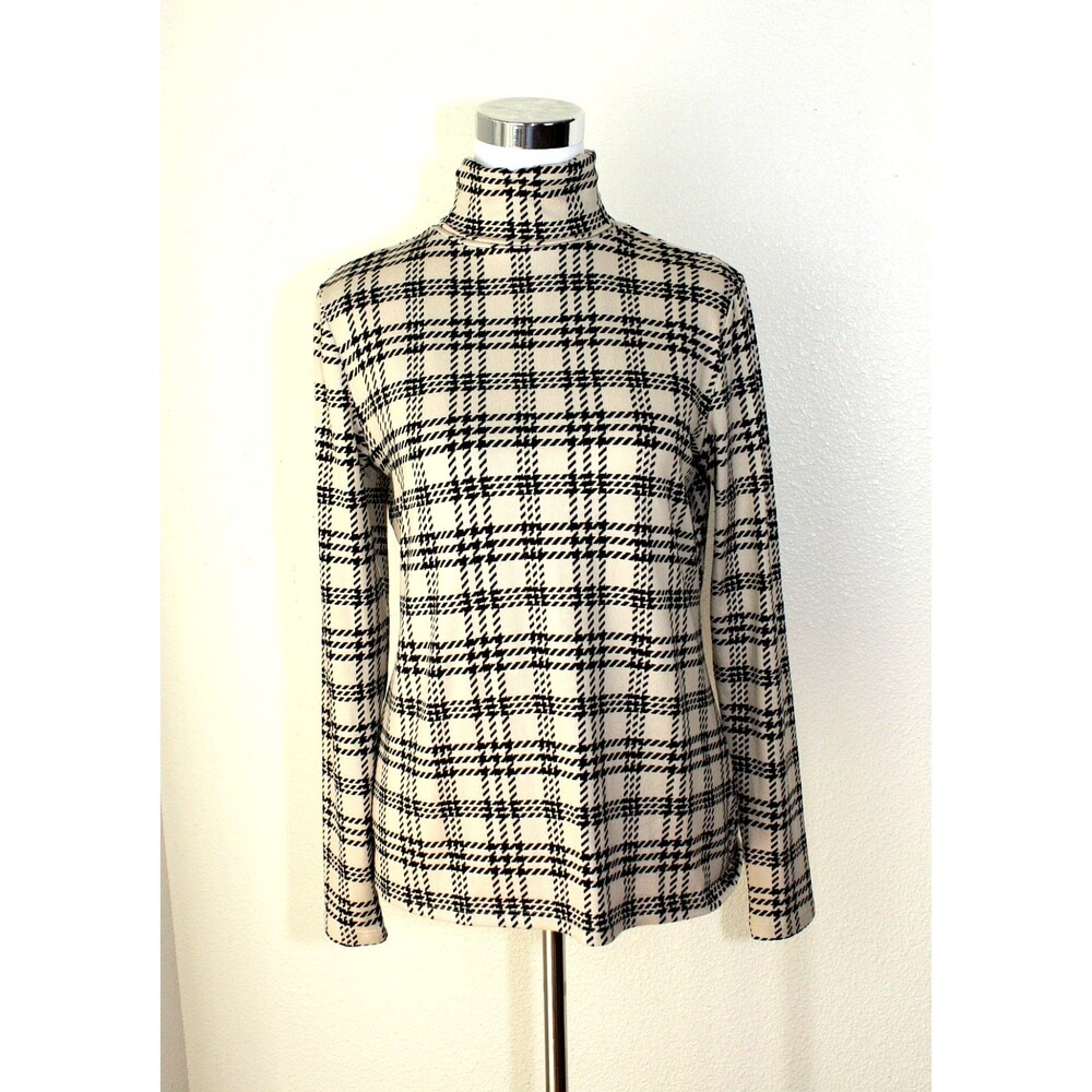 Academia Preppy Corpcore ANN TAYLOR Top Sz. M Turtleneck Beige Black Plaid #02